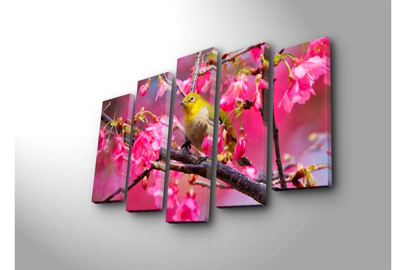 Stor Canvastavla i 5 delar 105x70 cm - Fågel på en gren omgiven av rosa blommor - Rosa / Grön / Brun - Inredning & dekor - Tavlor & konst - Canvastavla