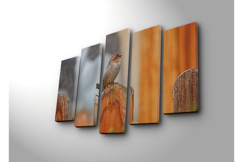 Stor Canvastavla i 5 delar 105x70 cm - Fågel på en träpost - Grå / Brun / Orange - Inredning & dekor - Tavlor & konst - Canvastavla
