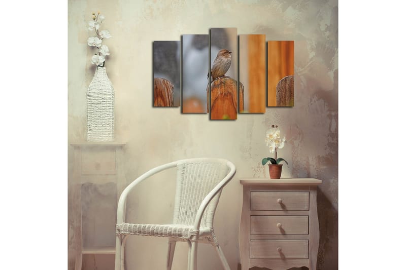 Stor Canvastavla i 5 delar 105x70 cm - Fågel på en träpost - Grå / Brun / Orange - Inredning & dekor - Tavlor & konst - Canvastavla