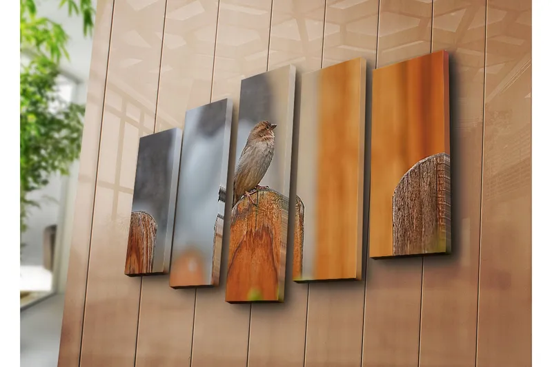 Stor Canvastavla i 5 delar 105x70 cm - Fågel på en träpost - Grå / Brun / Orange - Inredning & dekor - Tavlor & konst - Canvastavla