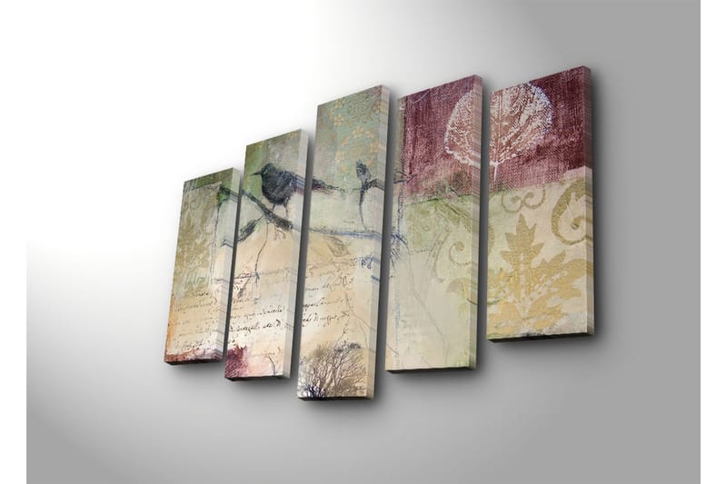 Stor Canvastavla i 5 delar 105x70 cm - Fåglar på en gren med abstrakta mönster och texturer - Grön / Brun / Vinröd - Inredning & dekor - Tavlor & konst - Canvastavla