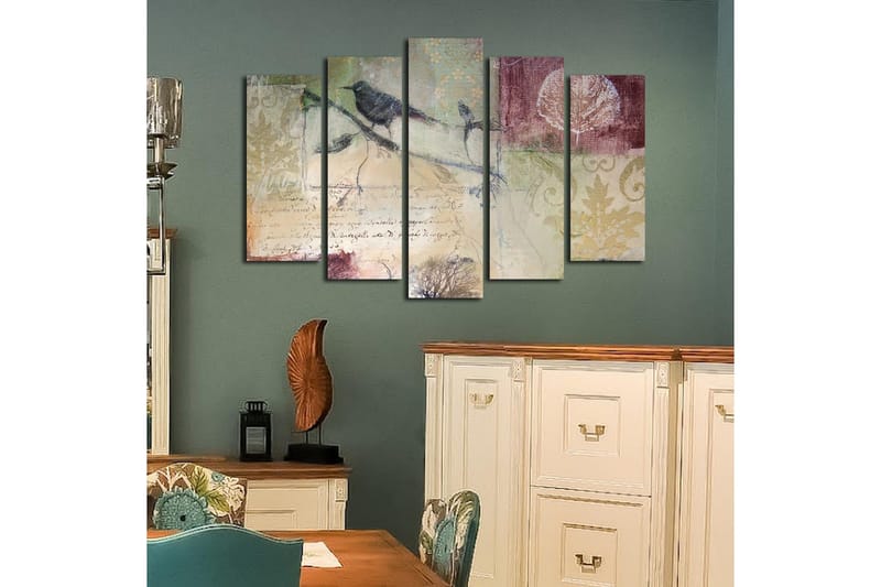 Stor Canvastavla i 5 delar 105x70 cm - Fåglar på en gren med abstrakta mönster och texturer - Grön / Brun / Vinröd - Inredning & dekor - Tavlor & konst - Canvastavla