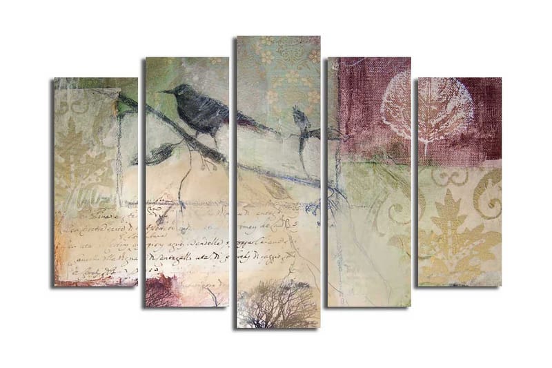Stor Canvastavla i 5 delar 105x70 cm - Fåglar på en gren med abstrakta mönster och texturer - Grön / Brun / Vinröd - Inredning & dekor - Tavlor & konst - Canvastavla