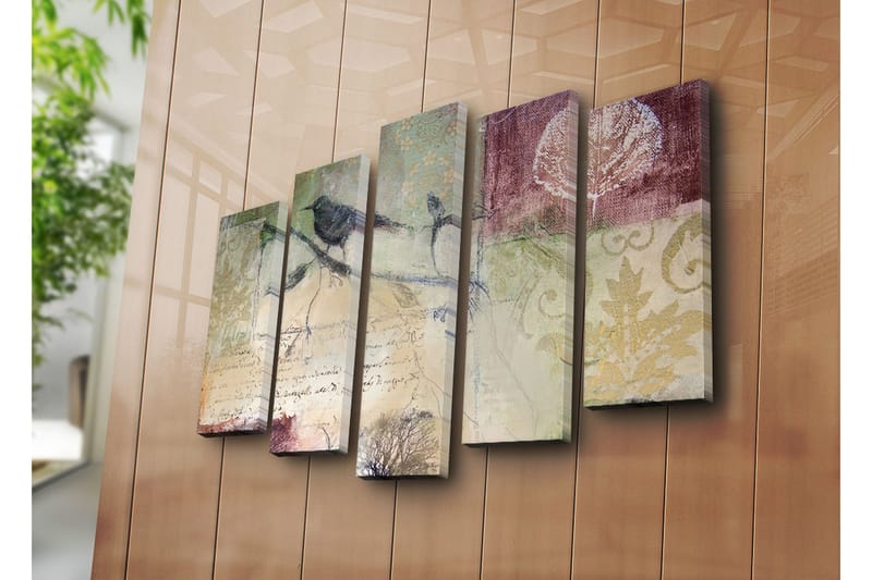 Stor Canvastavla i 5 delar 105x70 cm - Fåglar på en gren med abstrakta mönster och texturer - Grön / Brun / Vinröd - Inredning & dekor - Tavlor & konst - Canvastavla