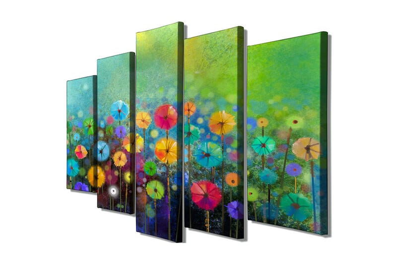 Stor Canvastavla i 5 delar 105x70 cm - Färgglad blomsteräng med parasollformade blommor - Grön / Rosa / Blå - Inredning & dekor - Tavlor & konst - Canvastavla
