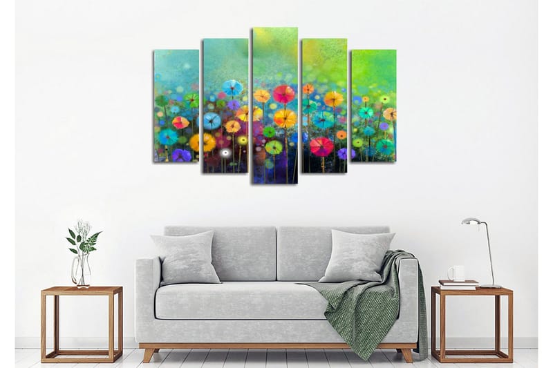 Stor Canvastavla i 5 delar 105x70 cm - Färgglad blomsteräng med parasollformade blommor - Grön / Rosa / Blå - Inredning & dekor - Tavlor & konst - Canvastavla