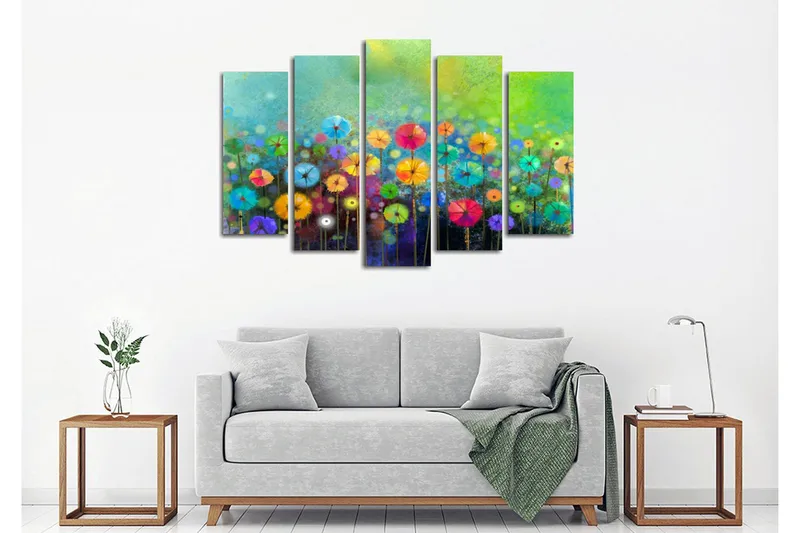 Stor Canvastavla i 5 delar 105x70 cm - Färgglad blomsteräng med parasollformade blommor - Grön / Rosa / Blå - Inredning & dekor - Tavlor & konst - Canvastavla