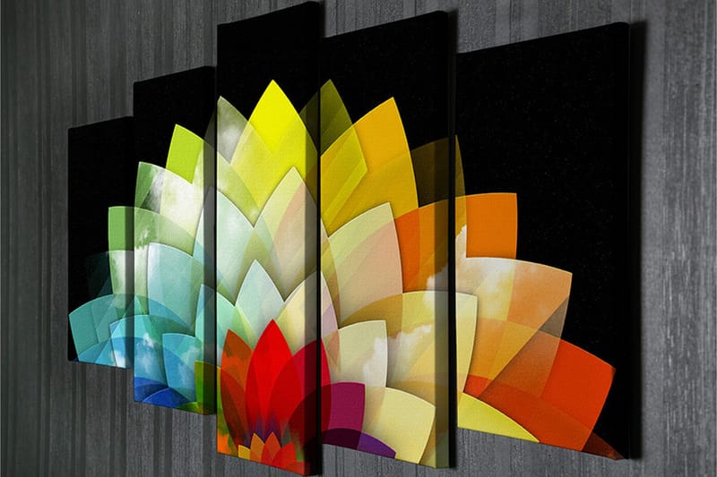 Stor Canvastavla i 5 delar 105x70 cm - Färgglad blomsterkomposition med geometriska former - Grön / Gul / Röd - Inredning & dekor - Tavlor & konst - Canvastavla