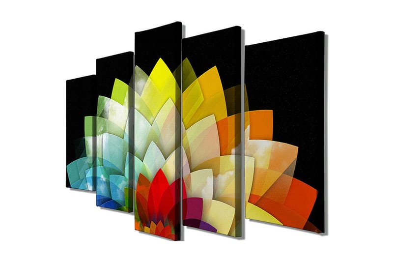 Stor Canvastavla i 5 delar 105x70 cm - Färgglad blomsterkomposition med geometriska former - Grön / Gul / Röd - Inredning & dekor - Tavlor & konst - Canvastavla