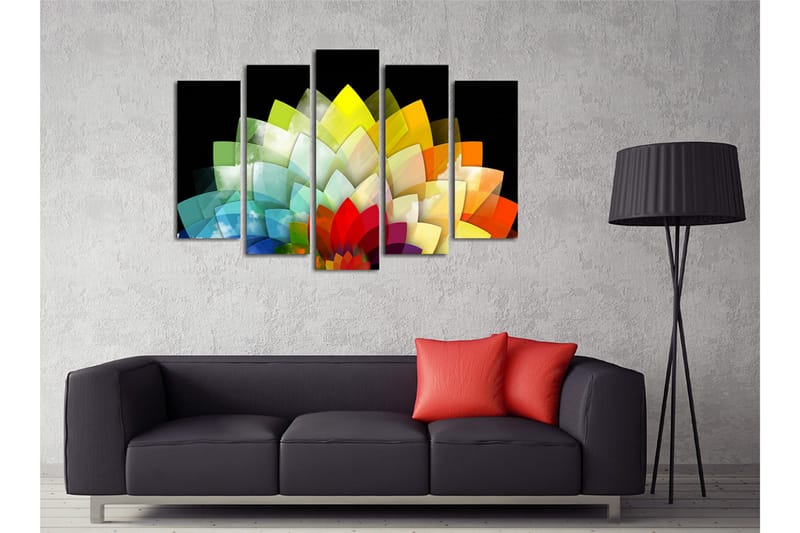 Stor Canvastavla i 5 delar 105x70 cm - Färgglad blomsterkomposition med geometriska former - Grön / Gul / Röd - Inredning & dekor - Tavlor & konst - Canvastavla