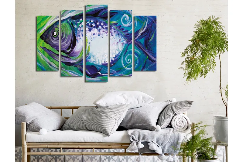 Stor Canvastavla i 5 delar 105x70 cm - Färgglad fisk med abstrakta former - Blå / Grön / Lila - Inredning & dekor - Tavlor & konst - Canvastavla