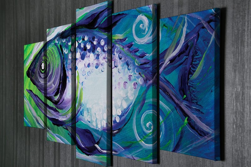 Stor Canvastavla i 5 delar 105x70 cm - Färgglad fisk med abstrakta former - Blå / Grön / Lila - Inredning & dekor - Tavlor & konst - Canvastavla