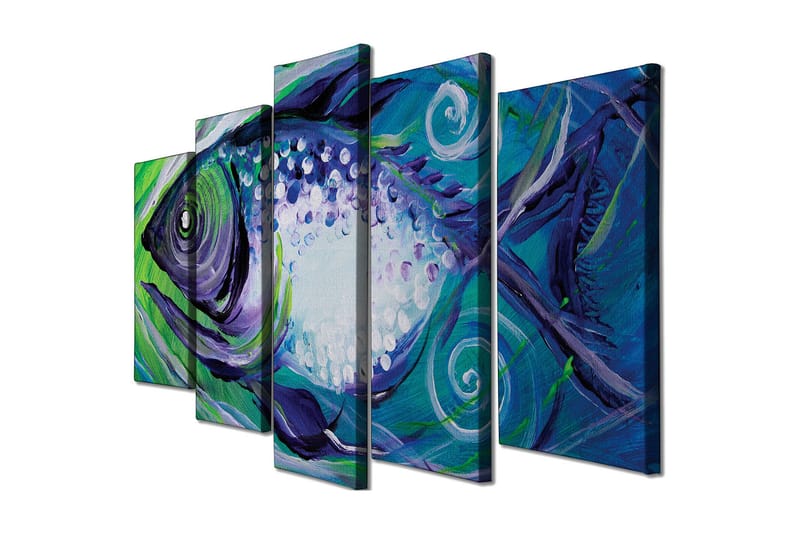 Stor Canvastavla i 5 delar 105x70 cm - Färgglad fisk med abstrakta former - Blå / Grön / Lila - Inredning & dekor - Tavlor & konst - Canvastavla