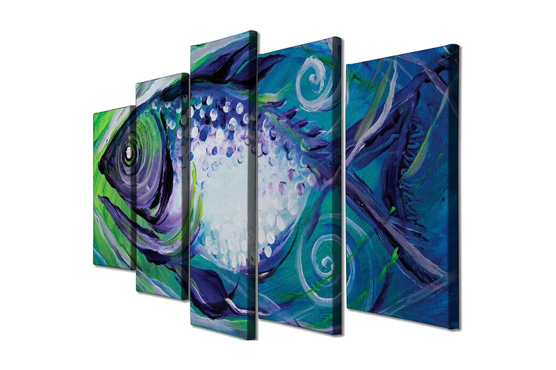 Stor Canvastavla i 5 delar 105x70 cm - Färgglad fisk med abstrakta former - Blå / Grön / Lila - Inredning & dekor - Tavlor & konst - Canvastavla