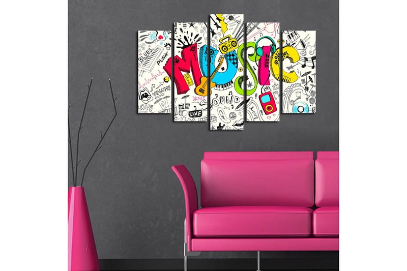 Stor Canvastavla i 5 delar 105x70 cm - Färgglad musikkomposition med olika musikrelaterade element - Blå / Rosa / Gul - Inredning & dekor - Tavlor & konst - Canvastavla