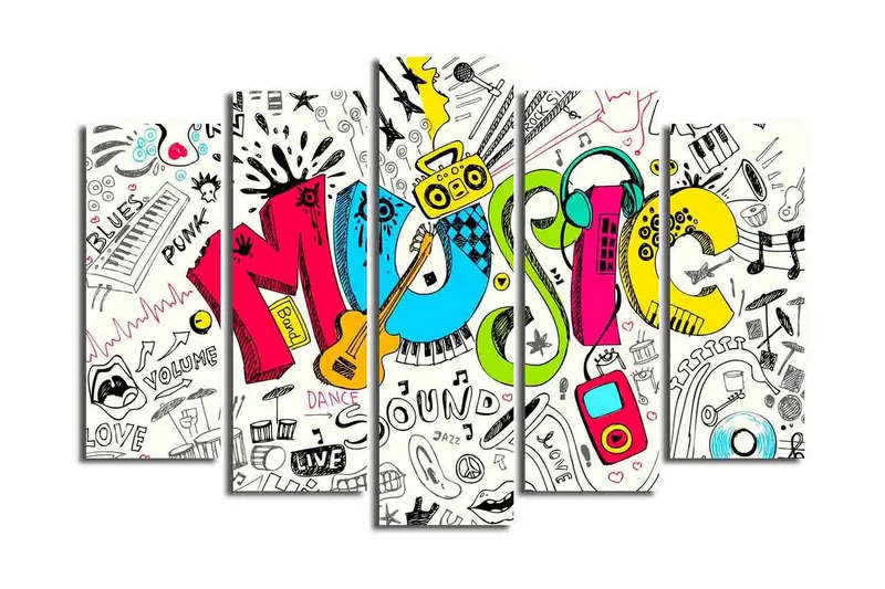 Stor Canvastavla i 5 delar 105x70 cm - Färgglad musikkomposition med olika musikrelaterade element - Blå / Rosa / Gul - Inredning & dekor - Tavlor & konst - Canvastavla