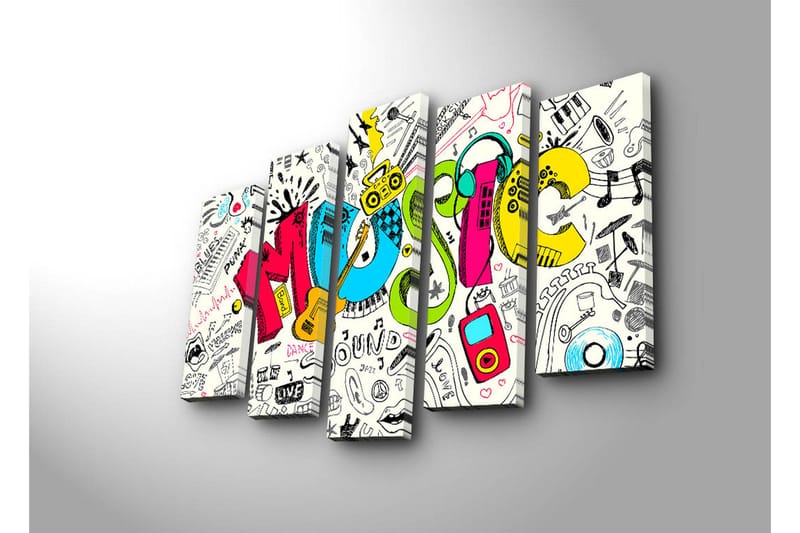 Stor Canvastavla i 5 delar 105x70 cm - Färgglad musikkomposition med olika musikrelaterade element - Blå / Rosa / Gul - Inredning & dekor - Tavlor & konst - Canvastavla