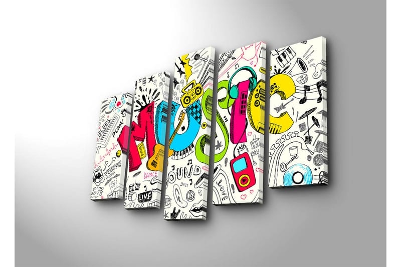 Stor Canvastavla i 5 delar 105x70 cm - Färgglad musikkomposition med olika musikrelaterade element - Blå / Rosa / Gul - Inredning & dekor - Tavlor & konst - Canvastavla