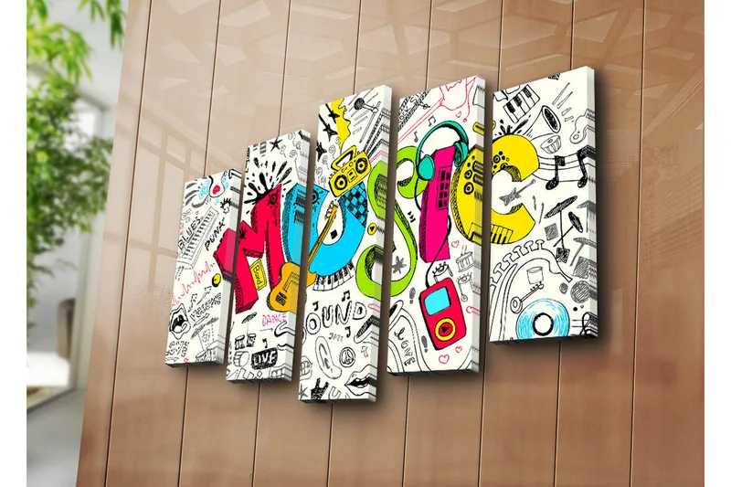 Stor Canvastavla i 5 delar 105x70 cm - Färgglad musikkomposition med olika musikrelaterade element - Blå / Rosa / Gul - Inredning & dekor - Tavlor & konst - Canvastavla