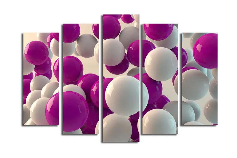 Stor Canvastavla i 5 delar 105x70 cm - Färgglad sammansättning av sfärer i olika storlekar - Lila / Vit - Inredning & dekor - Tavlor & konst - Canvastavla