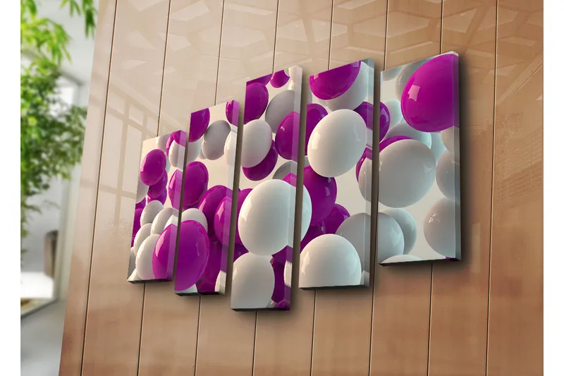 Stor Canvastavla i 5 delar 105x70 cm - Färgglad sammansättning av sfärer i olika storlekar - Lila / Vit - Inredning & dekor - Tavlor & konst - Canvastavla