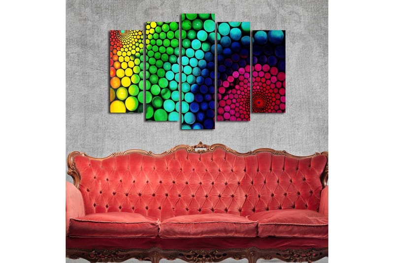 Stor Canvastavla i 5 delar 105x70 cm - Färgglad spiral av cirklar i olika storlekar - Grön / Blå / Rosa - Inredning & dekor - Tavlor & konst - Canvastavla