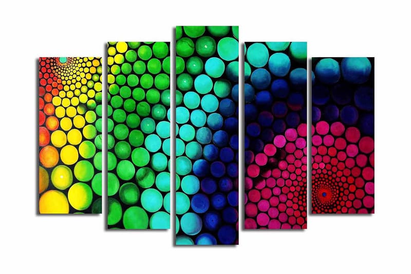 Stor Canvastavla i 5 delar 105x70 cm - Färgglad spiral av cirklar i olika storlekar - Grön / Blå / Rosa - Inredning & dekor - Tavlor & konst - Canvastavla