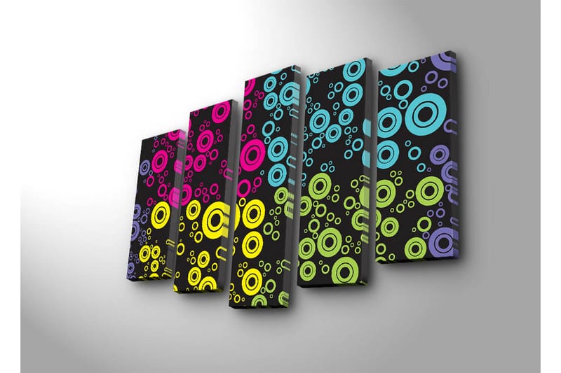 Stor Canvastavla i 5 delar 105x70 cm - Färgglada cirklar i olika storlekar mot en svart bakgrund - Rosa / Blå / Gul - Inredning & dekor - Tavlor & konst - Canvastavla