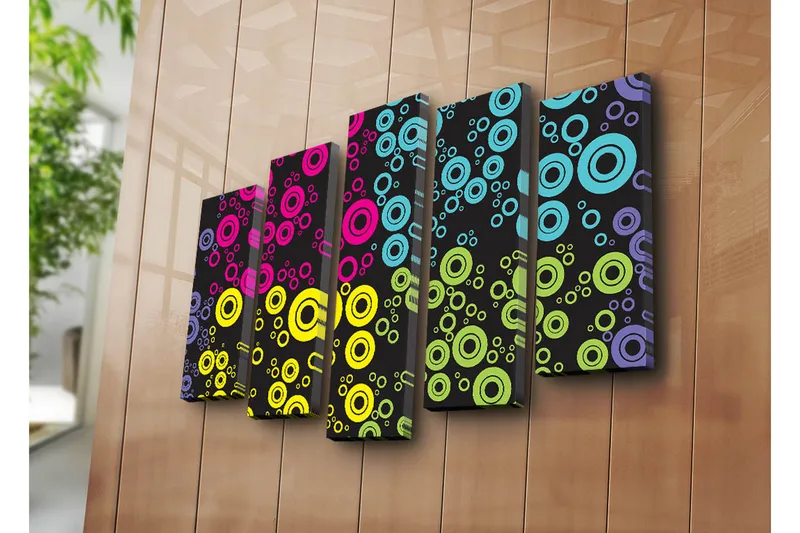 Stor Canvastavla i 5 delar 105x70 cm - Färgglada cirklar i olika storlekar mot en svart bakgrund - Rosa / Blå / Gul - Inredning & dekor - Tavlor & konst - Canvastavla