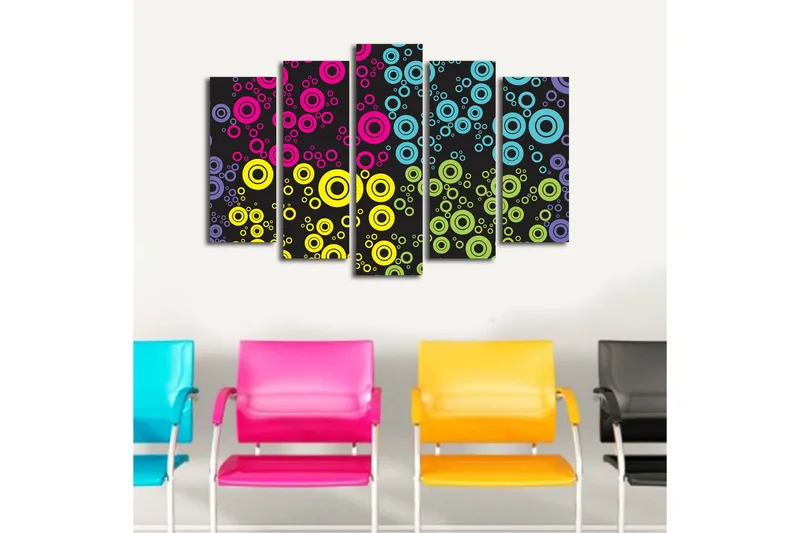 Stor Canvastavla i 5 delar 105x70 cm - Färgglada cirklar i olika storlekar mot en svart bakgrund - Rosa / Blå / Gul - Inredning & dekor - Tavlor & konst - Canvastavla