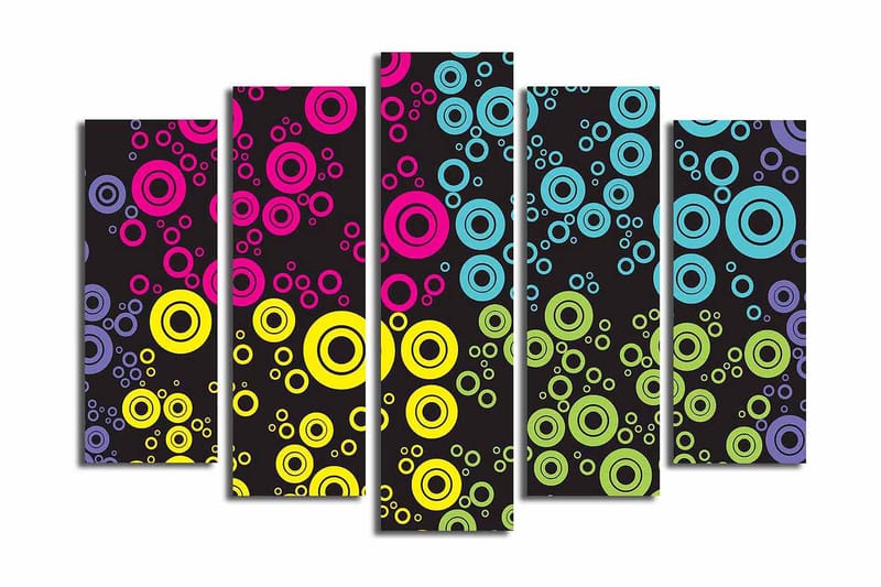 Stor Canvastavla i 5 delar 105x70 cm - Färgglada cirklar i olika storlekar mot en svart bakgrund - Rosa / Blå / Gul - Inredning & dekor - Tavlor & konst - Canvastavla