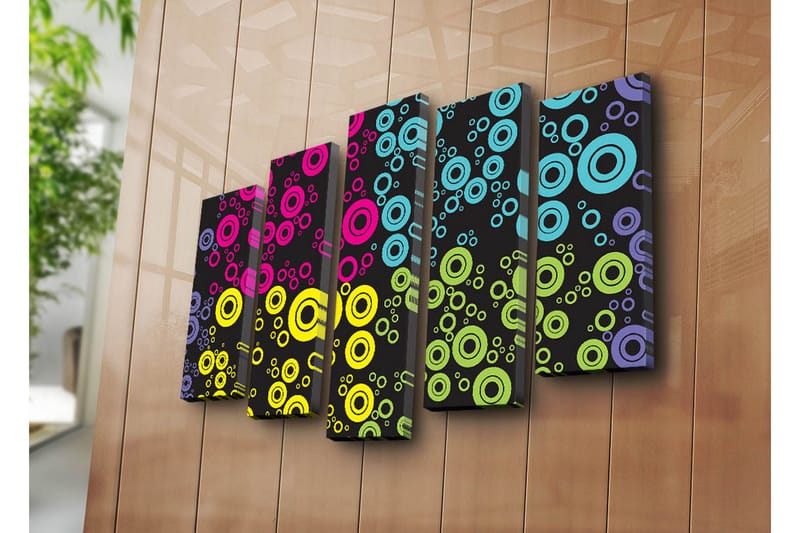 Stor Canvastavla i 5 delar 105x70 cm - Färgglada cirklar i olika storlekar mot en svart bakgrund - Rosa / Blå / Gul - Inredning & dekor - Tavlor & konst - Canvastavla