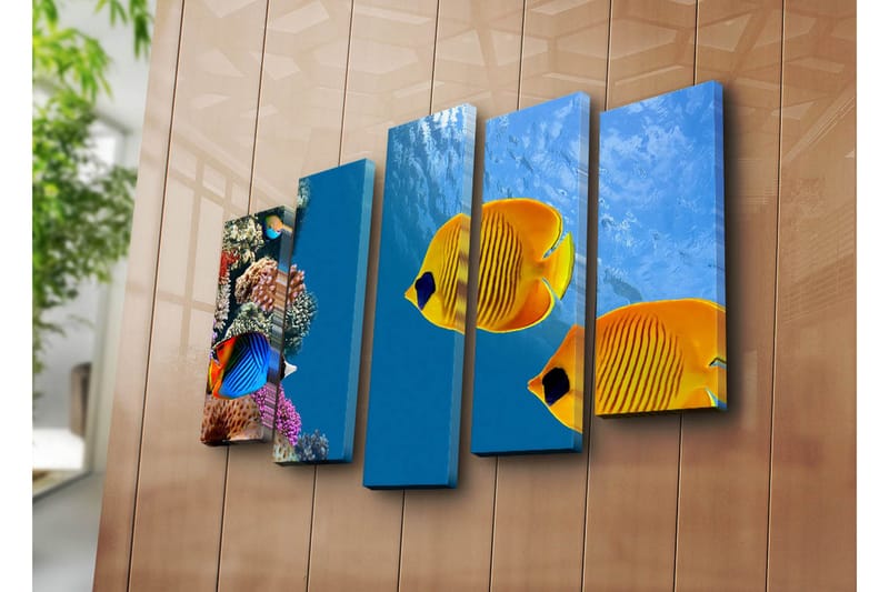 Stor Canvastavla i 5 delar 105x70 cm - Färgglada fiskar simmande bland korallrev - Blå / Gul / Lila - Inredning & dekor - Tavlor & konst - Canvastavla