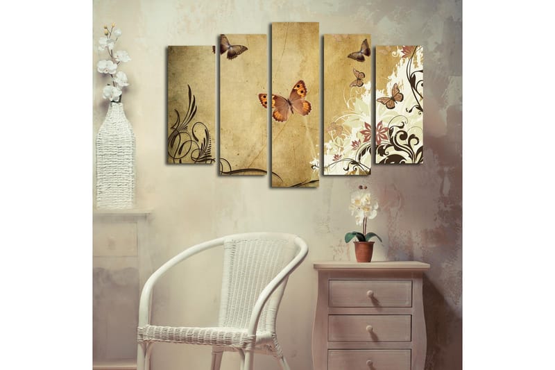 Stor Canvastavla i 5 delar 105x70 cm - Färgglada fjärilar i en elegant komposition - Beige / Brun / Ljusgrön - Inredning & dekor - Tavlor & konst - Canvastavla