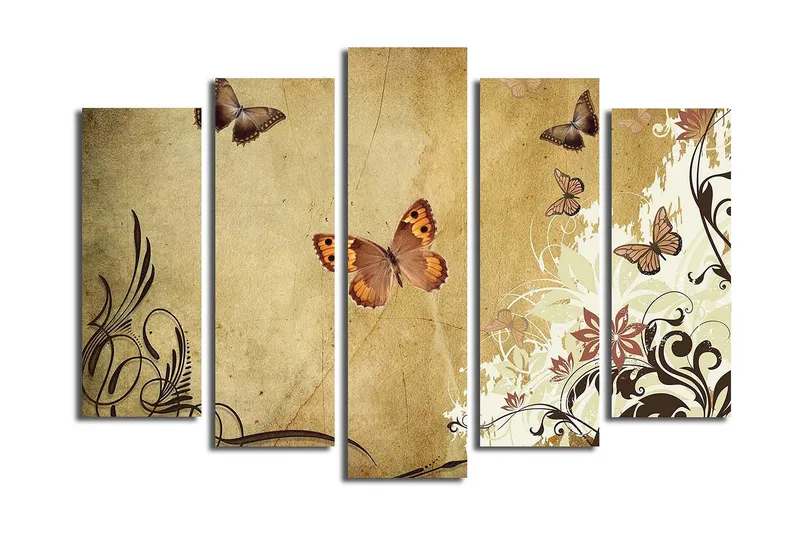 Stor Canvastavla i 5 delar 105x70 cm - Färgglada fjärilar i en elegant komposition - Beige / Brun / Ljusgrön - Inredning & dekor - Tavlor & konst - Canvastavla