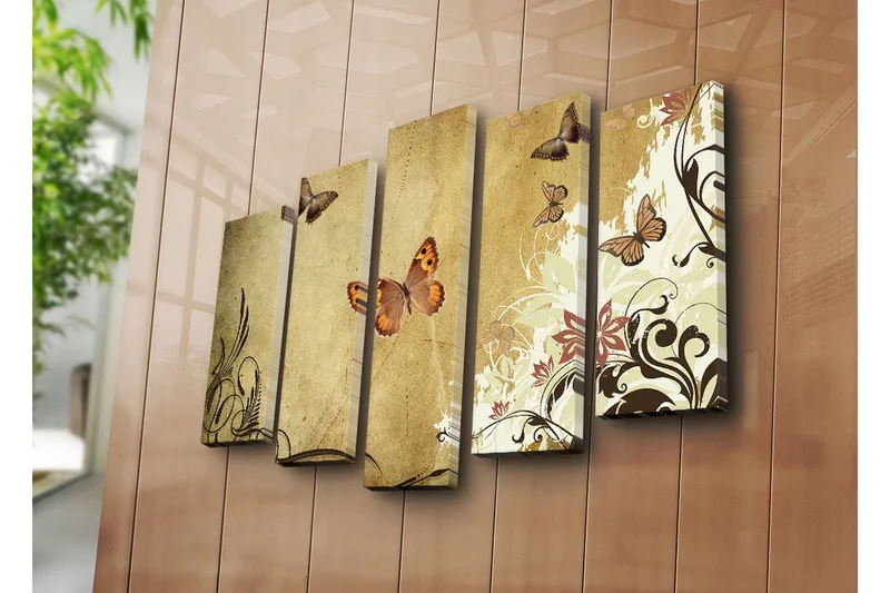 Stor Canvastavla i 5 delar 105x70 cm - Färgglada fjärilar i en elegant komposition - Beige / Brun / Ljusgrön - Inredning & dekor - Tavlor & konst - Canvastavla