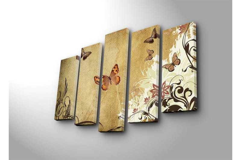 Stor Canvastavla i 5 delar 105x70 cm - Färgglada fjärilar i en elegant komposition - Beige / Brun / Ljusgrön - Inredning & dekor - Tavlor & konst - Canvastavla