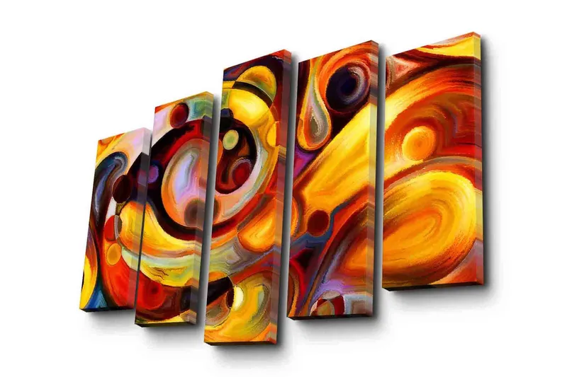 Stor Canvastavla i 5 delar 105x70 cm - Färgrik abstrakt komposition med cirkulära former - Röd / Gul / Orange - Inredning & dekor - Tavlor & konst - Canvastavla
