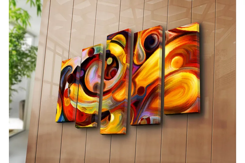 Stor Canvastavla i 5 delar 105x70 cm - Färgrik abstrakt komposition med cirkulära former - Röd / Gul / Orange - Inredning & dekor - Tavlor & konst - Canvastavla