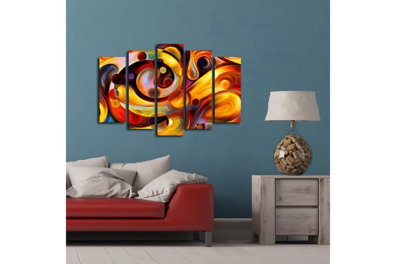 Stor Canvastavla i 5 delar 105x70 cm - Färgrik abstrakt komposition med cirkulära former - Röd / Gul / Orange - Inredning & dekor - Tavlor & konst - Canvastavla