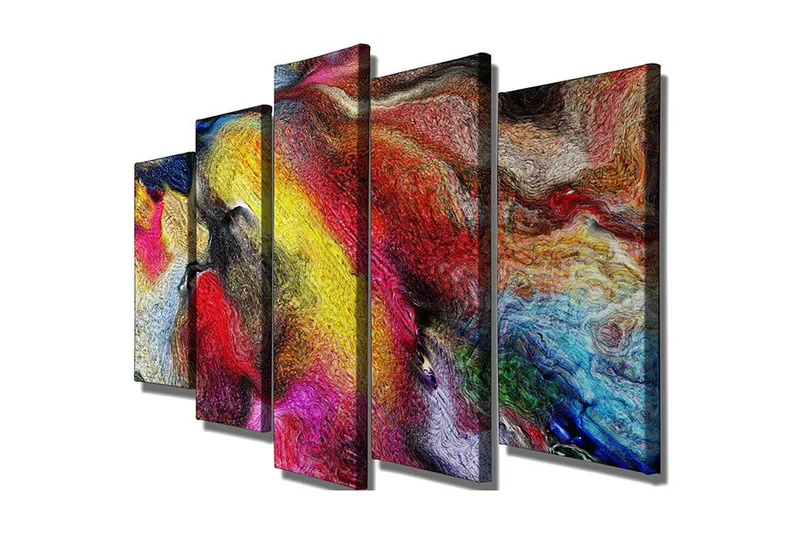 Stor Canvastavla i 5 delar 105x70 cm - Färgrik abstrakt komposition med svepande former, Röd / Gul / Blå