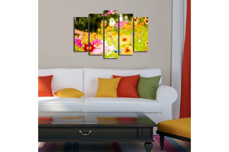 Stor Canvastavla i 5 delar 105x70 cm - Färgrik blomsteräng med olika blommor - Rosa / Orange / Gult - Inredning & dekor - Tavlor & konst - Canvastavla