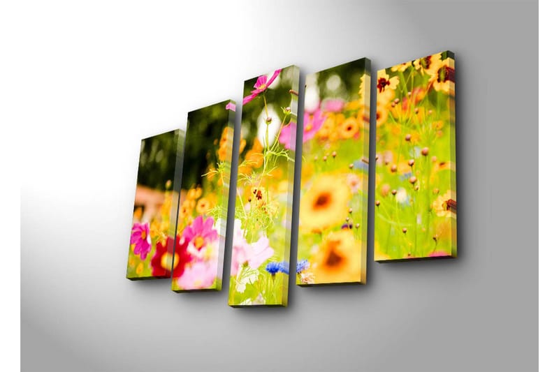 Stor Canvastavla i 5 delar 105x70 cm - Färgrik blomsteräng med olika blommor - Rosa / Orange / Gult - Inredning & dekor - Tavlor & konst - Canvastavla