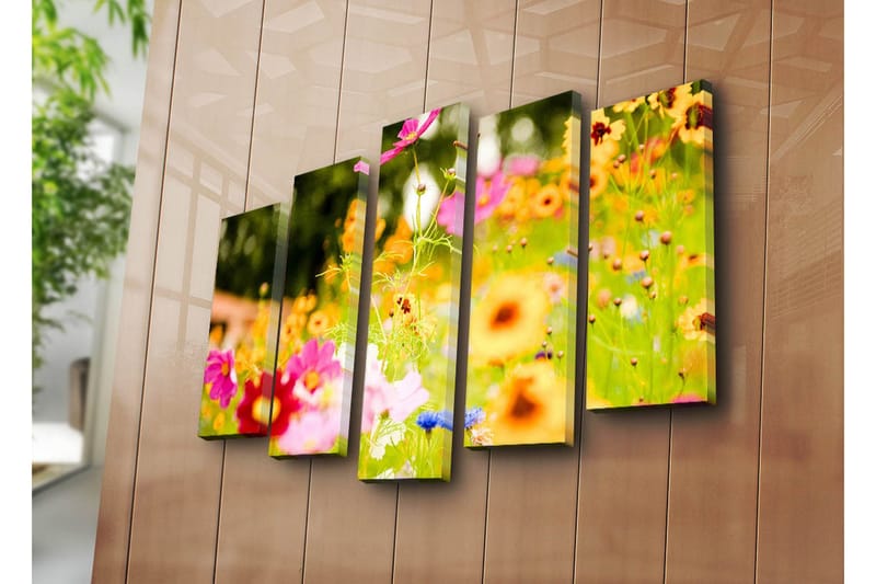 Stor Canvastavla i 5 delar 105x70 cm - Färgrik blomsteräng med olika blommor - Rosa / Orange / Gult - Inredning & dekor - Tavlor & konst - Canvastavla