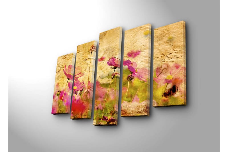 Stor Canvastavla i 5 delar 105x70 cm - Färgrik blomsteräng med rosa blommor - Rosa / Gul / Grön - Inredning & dekor - Tavlor & konst - Canvastavla