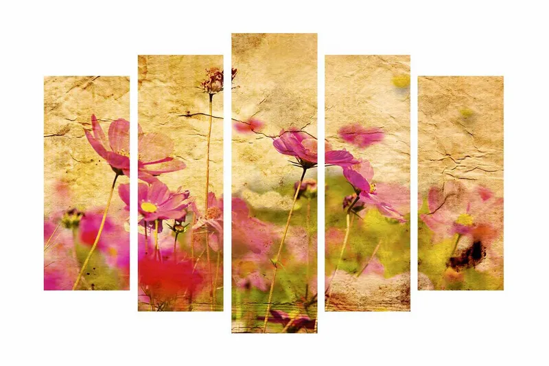 Stor Canvastavla i 5 delar 105x70 cm - Färgrik blomsteräng med rosa blommor - Rosa / Gul / Grön - Inredning & dekor - Tavlor & konst - Canvastavla