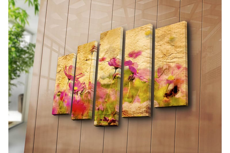 Stor Canvastavla i 5 delar 105x70 cm - Färgrik blomsteräng med rosa blommor - Rosa / Gul / Grön - Inredning & dekor - Tavlor & konst - Canvastavla