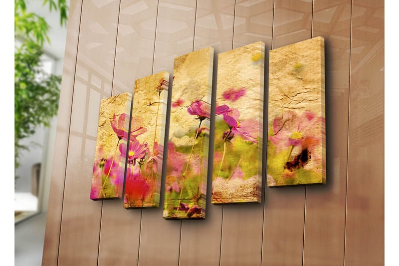 Stor Canvastavla i 5 delar 105x70 cm - Färgrik blomsteräng med rosa blommor - Rosa / Gul / Grön - Inredning & dekor - Tavlor & konst - Canvastavla