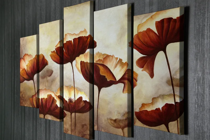 Stor Canvastavla i 5 delar 105x70 cm - Färgrik bukett av blommor i varma toner - Röd / Beige / Brun - Inredning & dekor - Tavlor & konst - Canvastavla