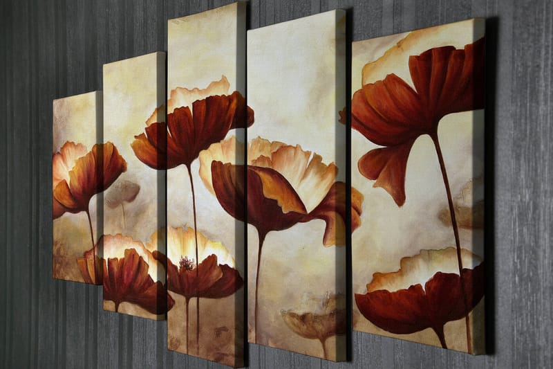 Stor Canvastavla i 5 delar 105x70 cm - Färgrik bukett av blommor i varma toner - Röd / Beige / Brun - Inredning & dekor - Tavlor & konst - Canvastavla